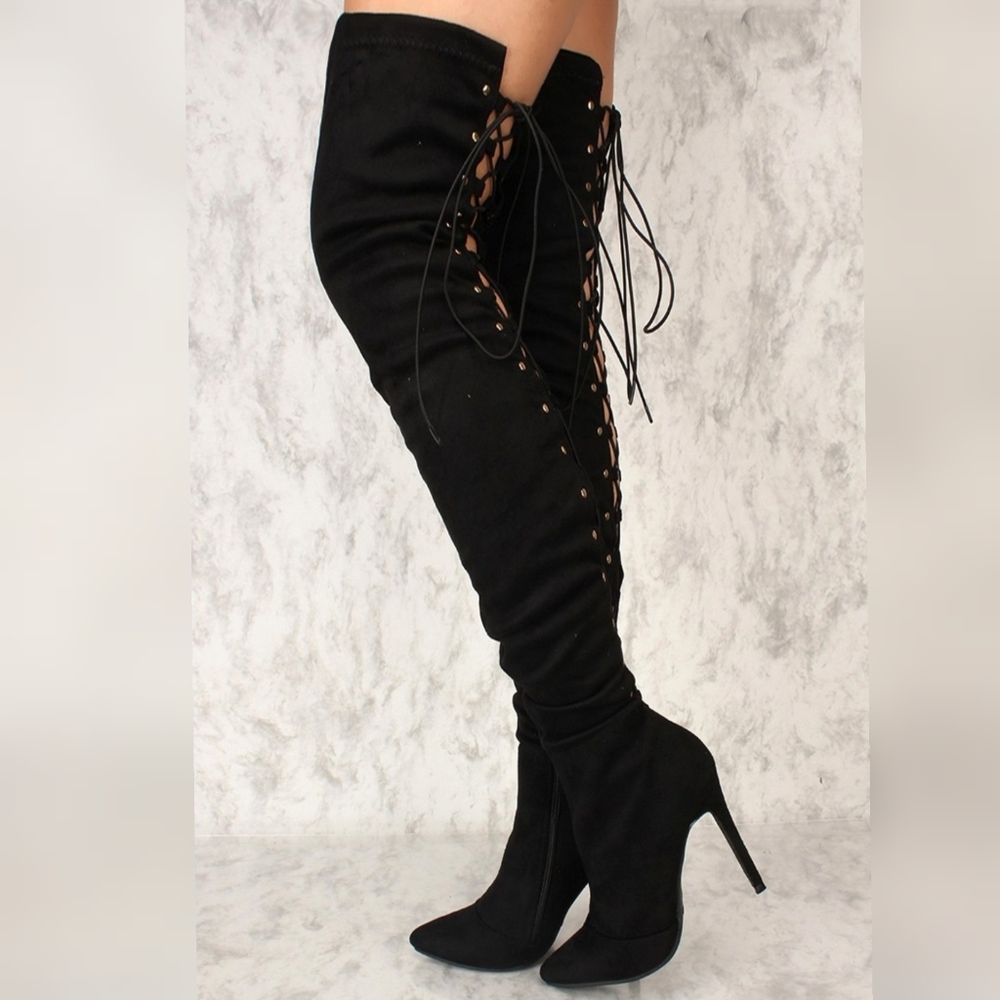 ❤BEST SELLER ❤ dolls Black Faux Suede Thigh High Lace U - Picture 5 of 9